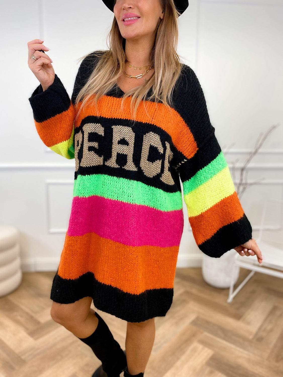 Color Block V-Neck Long Sleeve Sweater Dress - Trendsi - Flyclothing LLC