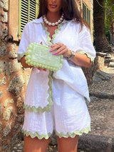 Contrast Trim Collared Neck Top and Shorts Set - Trendsi - Flyclothing LLC