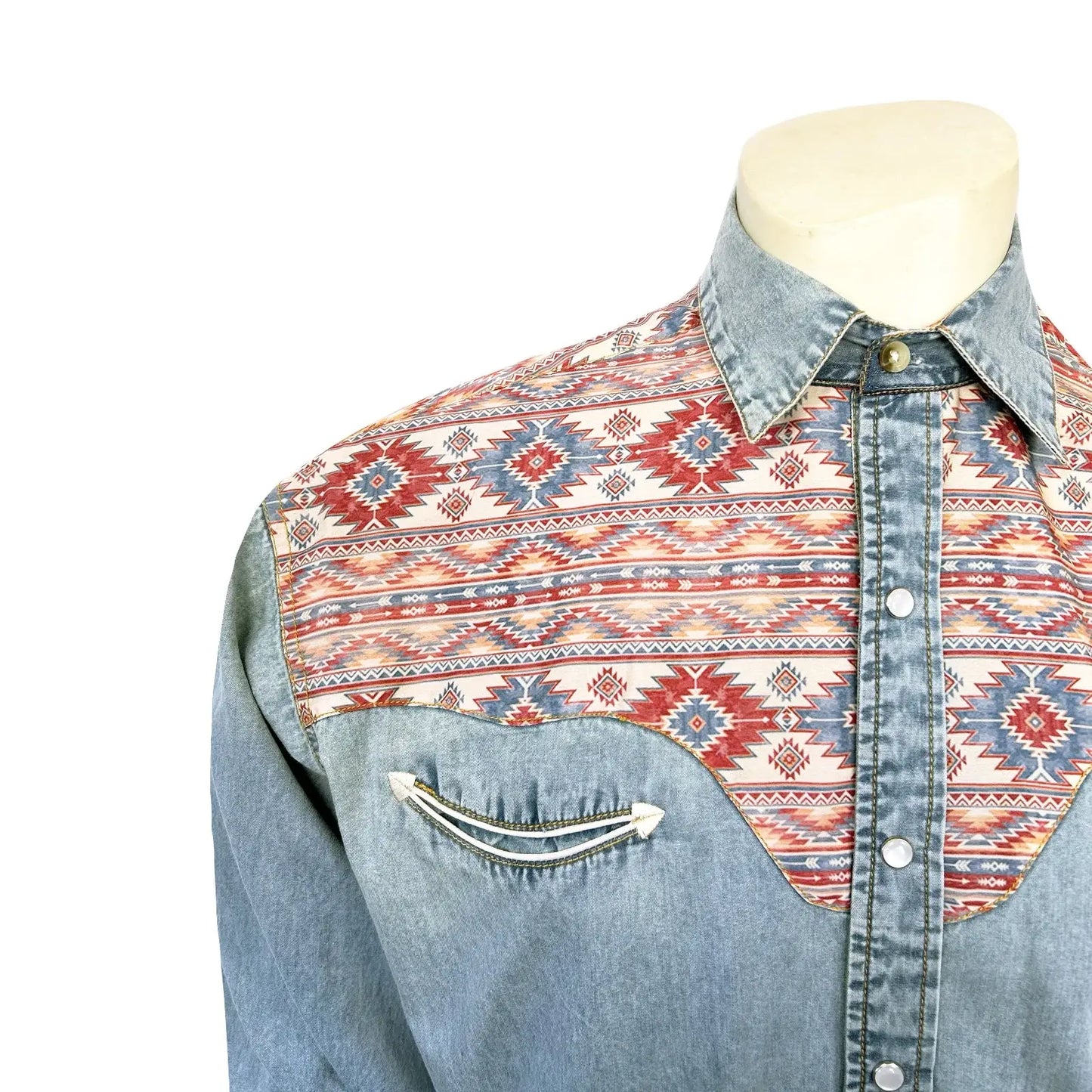 Men's Vintage 2-Tone Denim & Native Pattern Embroidered Western Shirt - Rockmount Ranch Wear - Flyclothing LLC