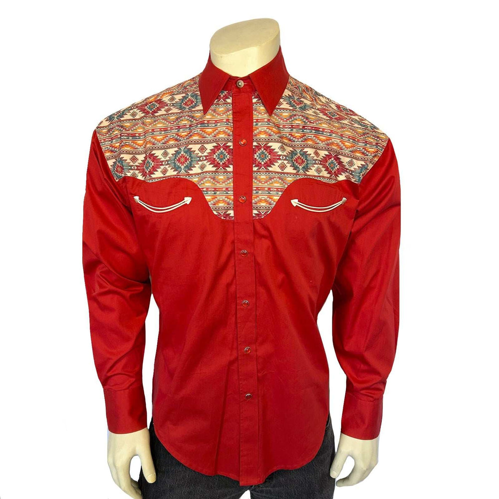 Rockmount Ranch Ware Men's Vintage 2-Tone Red & Native Pattern Embroidered Western Shirt - Rockmount Clothing - Flyclothing LLC
