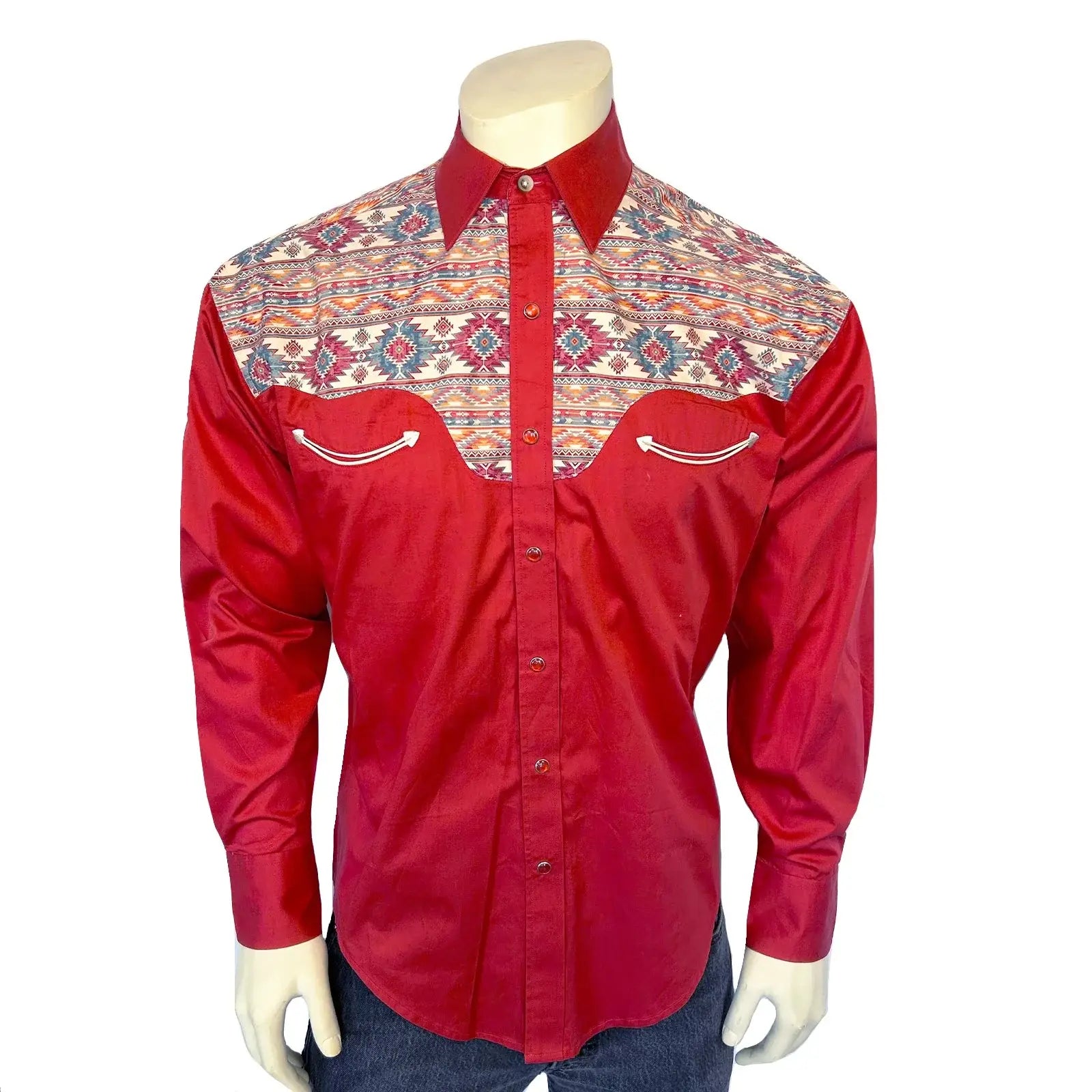 Men's Vintage 2-Tone Red & Native Pattern Embroidered Western Shirt - Rockmount Ranch Wear - Flyclothing LLC