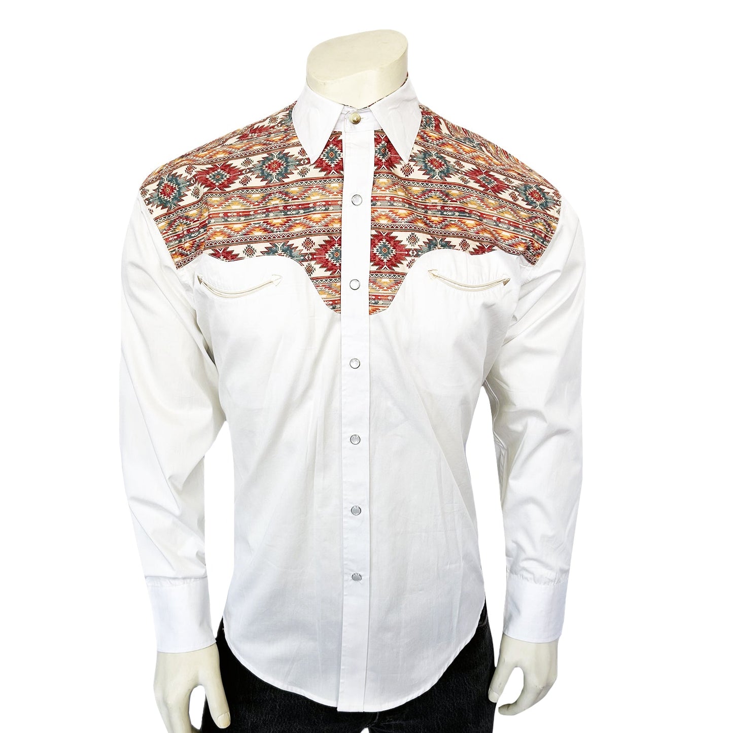 Rockmount Ranch Wear Men's Vintage 2-Tone White & Native Pattern Embroidered Western Shirt - Rockmount Clothing - Flyclothing LLC