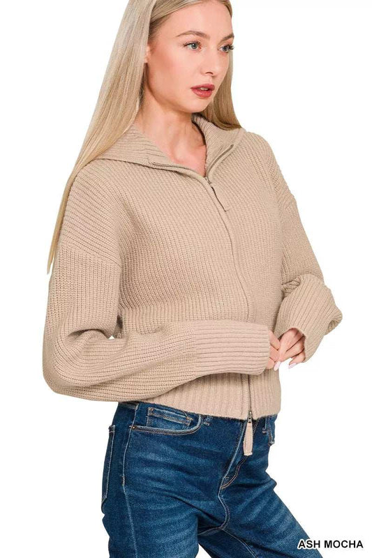 Zenana Ribbed Collared Zip Up Sweater Cardigan - Trendsi - Flyclothing LLC