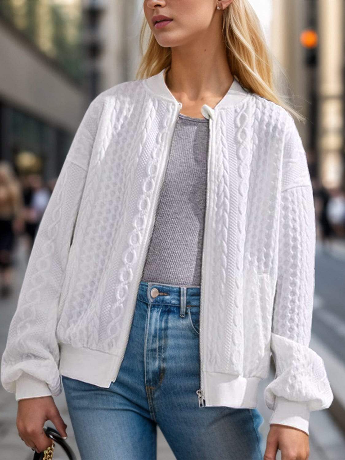 Textured Zip Up Dropped Shoulder Jacket - Trendsi - Flyclothing LLC