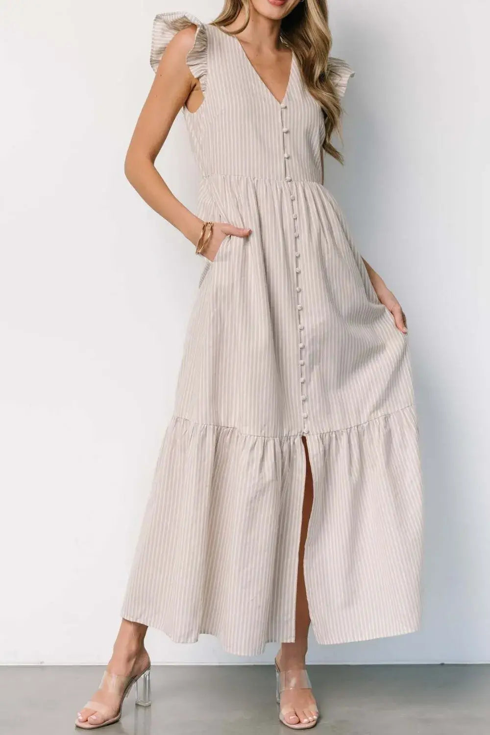 Slit Striped V-Neck Ruffled Cap Sleeve Dress - Trendsi - Flyclothing LLC