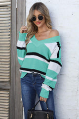 Color Block V-Neck Dropped Shoulder Sweater - Trendsi - Flyclothing LLC
