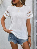 Full Size Eyelet Round Neck Short Sleeve Top - Trendsi - Flyclothing LLC