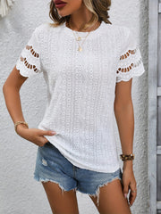 Full Size Eyelet Round Neck Short Sleeve Top - Trendsi