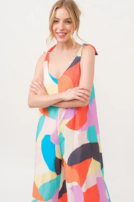 And The Why Tied Shoulder Straps Wide-Leg Geo Print Jumpsuit - Trendsi - Flyclothing LLC