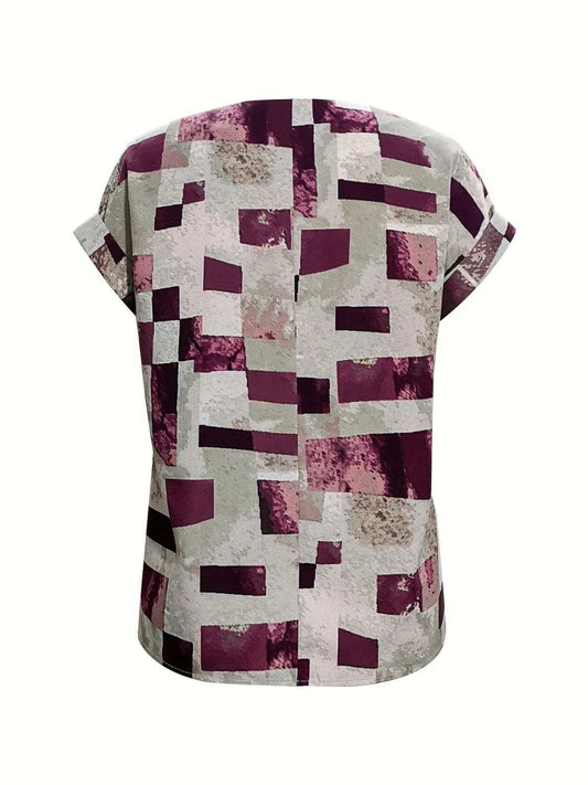 Printed Notched Short Sleeve Blouse - Trendsi - Flyclothing LLC