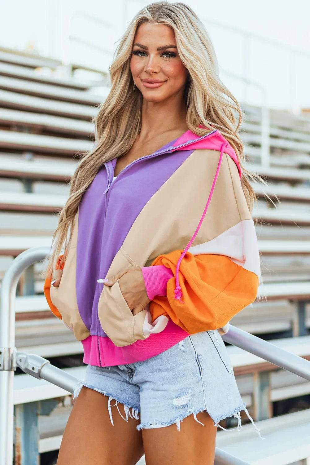 Drawstring Color Block Zip Up Long Sleeve Hoodie - Trendsi - Flyclothing LLC