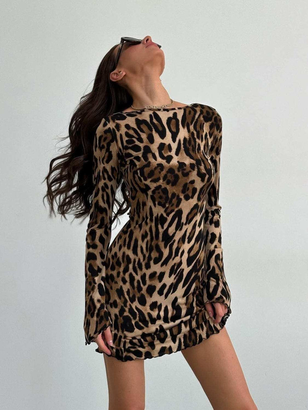 Leopard Backless Long Sleeve Mini Dress - Trendsi - Flyclothing LLC