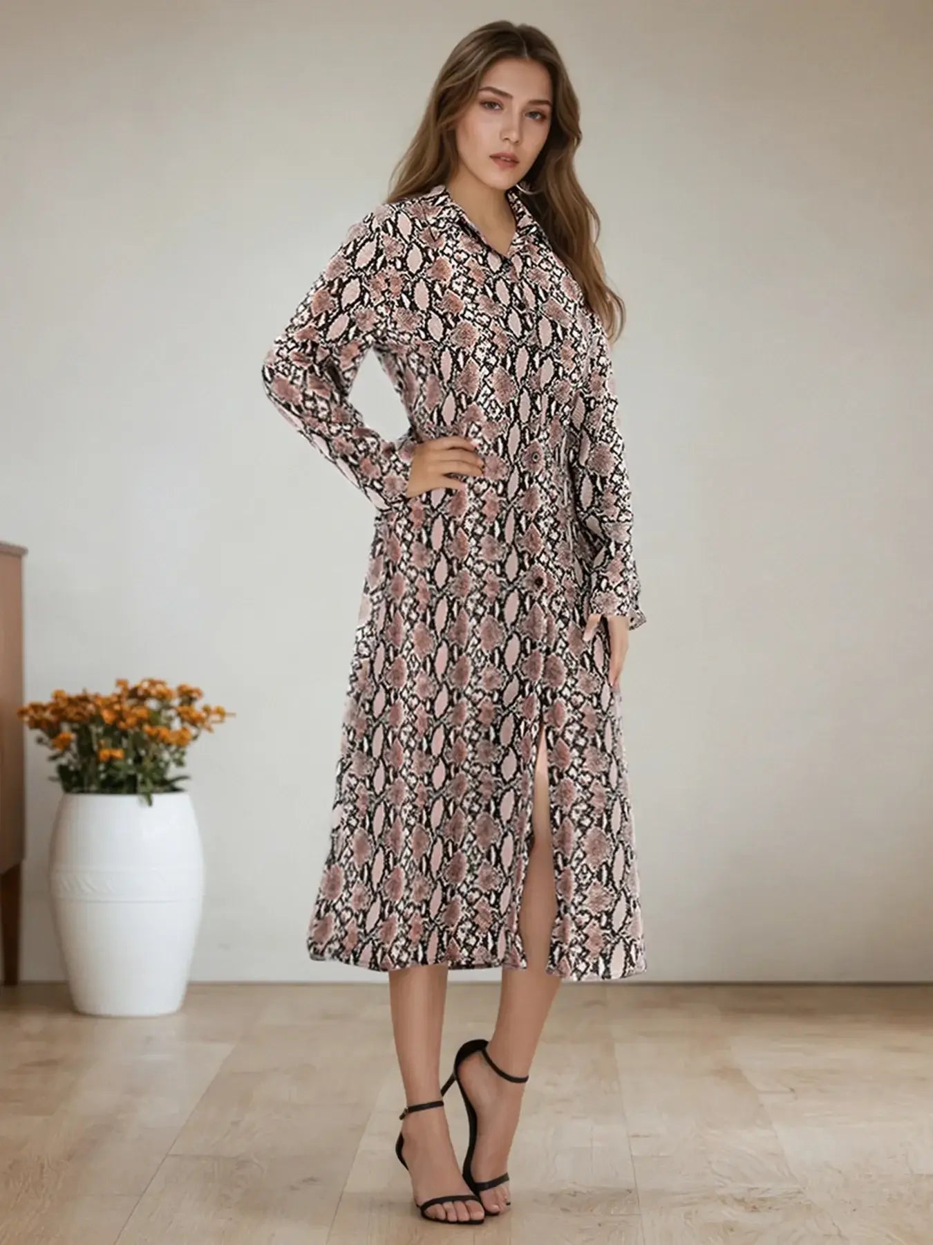 Snake Print Long Sleeve Shirt Dress - Trendsi - Flyclothing LLC