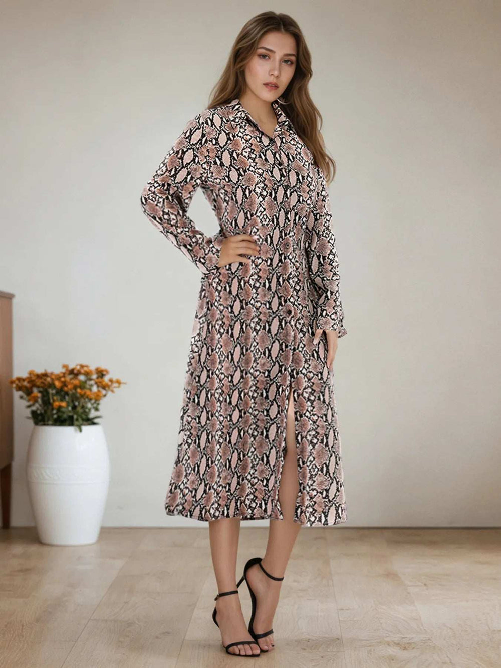 Snake Print Long Sleeve Shirt Dress - Trendsi - Flyclothing LLC