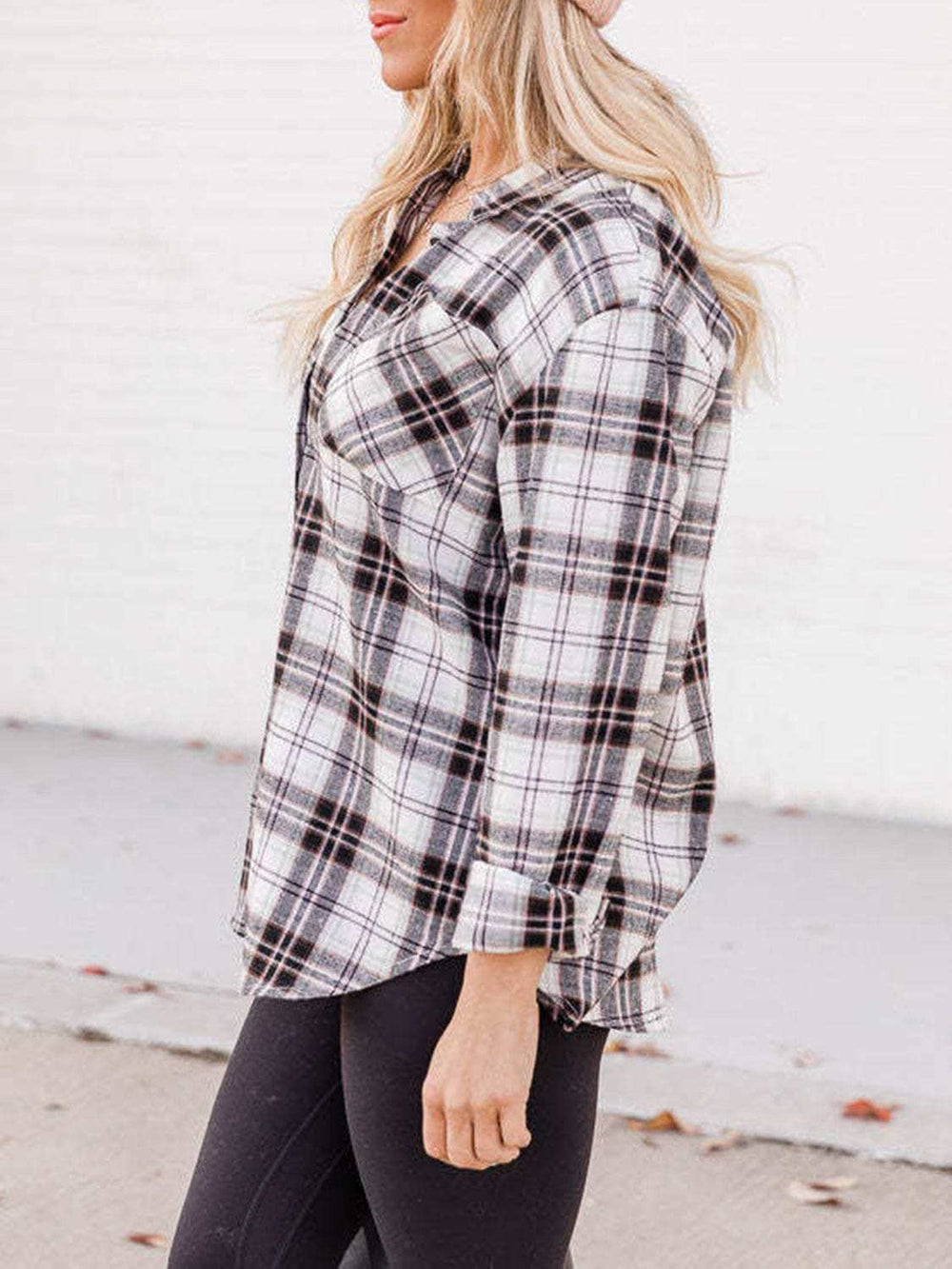 Plaid Collared Neck Long Sleeve Shirt - Trendsi - Flyclothing LLC