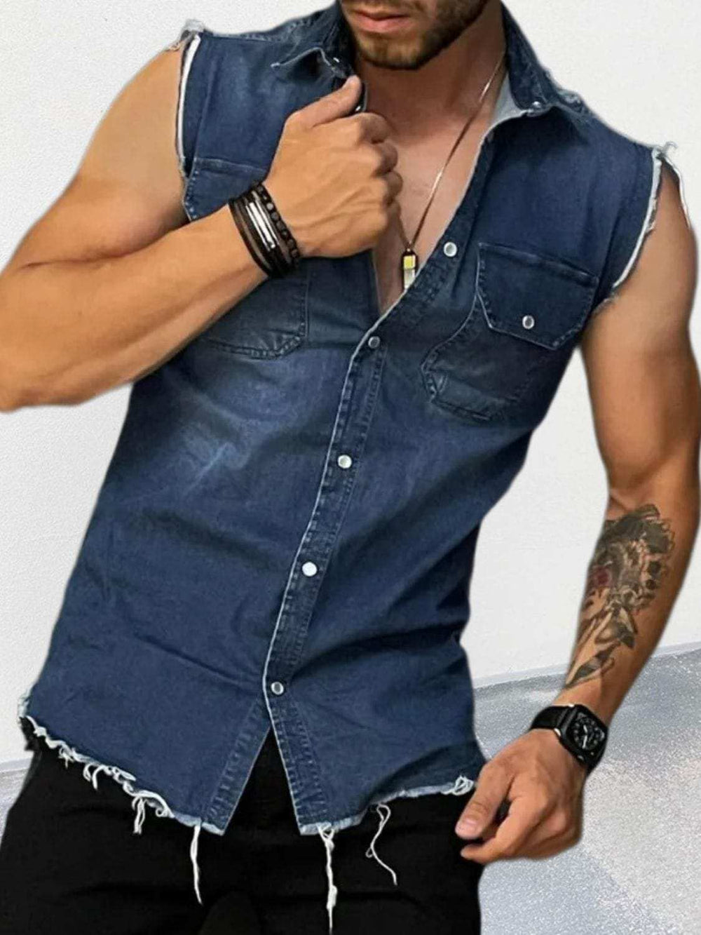 Men's Snap Down Sleeveless Denim Shirt - Trendsi - Flyclothing LLC