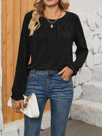Ruched Round Neck Long Sleeve T-Shirt - Trendsi - Flyclothing LLC