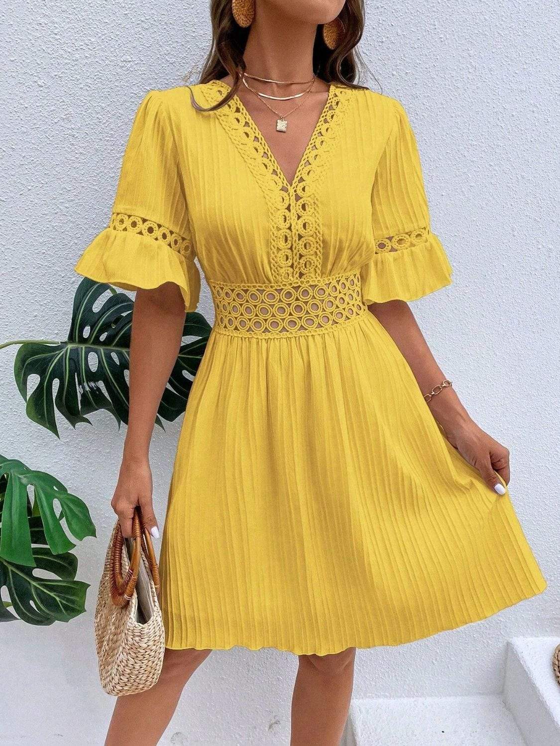 Cutout V-Neck Flounce Sleeve Mini Dress - Trendsi - Flyclothing LLC