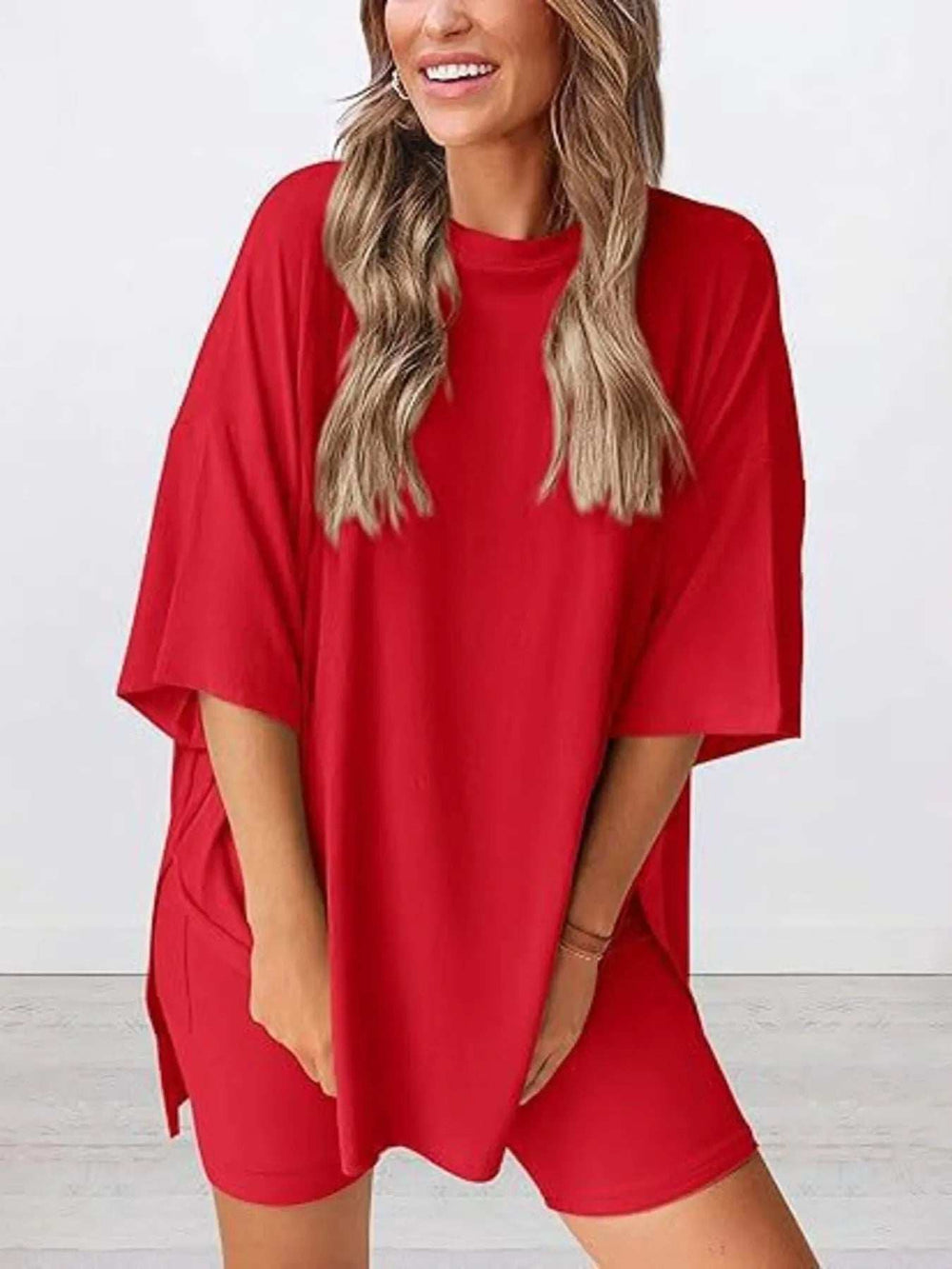Full Size Oversized Slit Round Neck Top and Shorts Lounge Set Plus Size - Trendsi - Flyclothing LLC