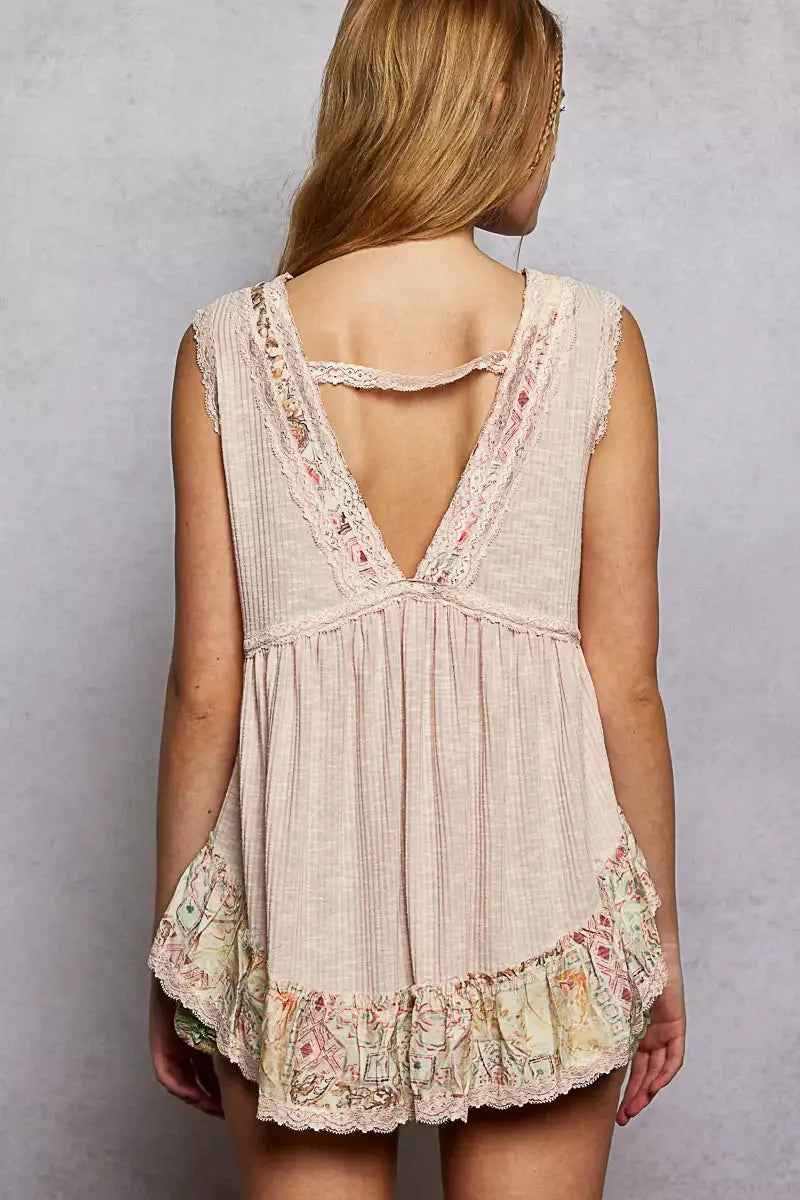 POL Lace Detail Ruffled Ribbed Sleeveless Top with Floral Pattern Trim Detail - Trendsi - Flyclothing LLC