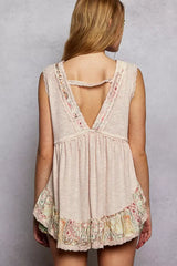 POL Lace Detail Ruffled Ribbed Sleeveless Top with Floral Pattern Trim Detail - Trendsi - Flyclothing LLC