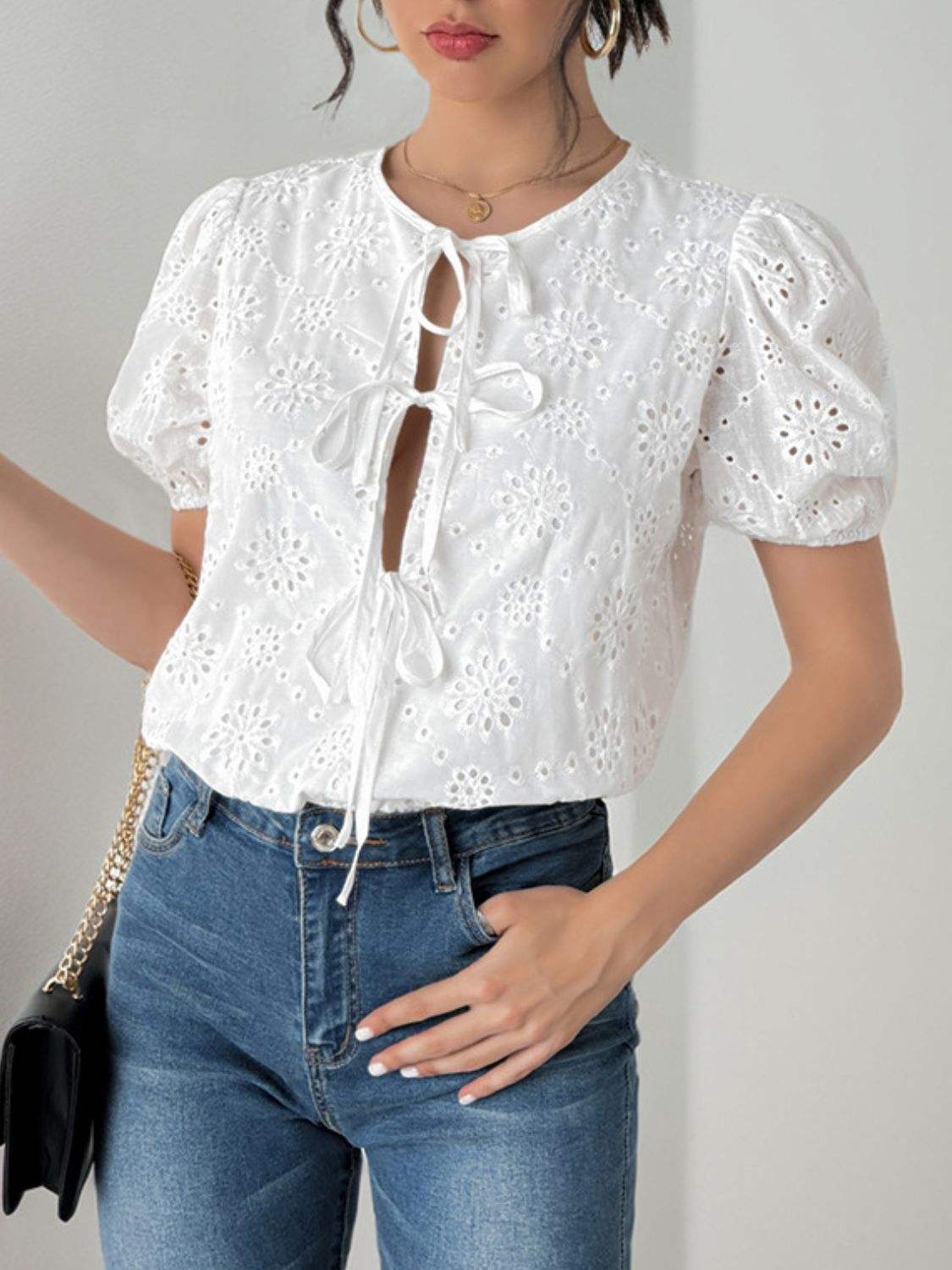 Perfee Tied Eyelet Short Sleeve Bodysuit – Flyclothing LLC