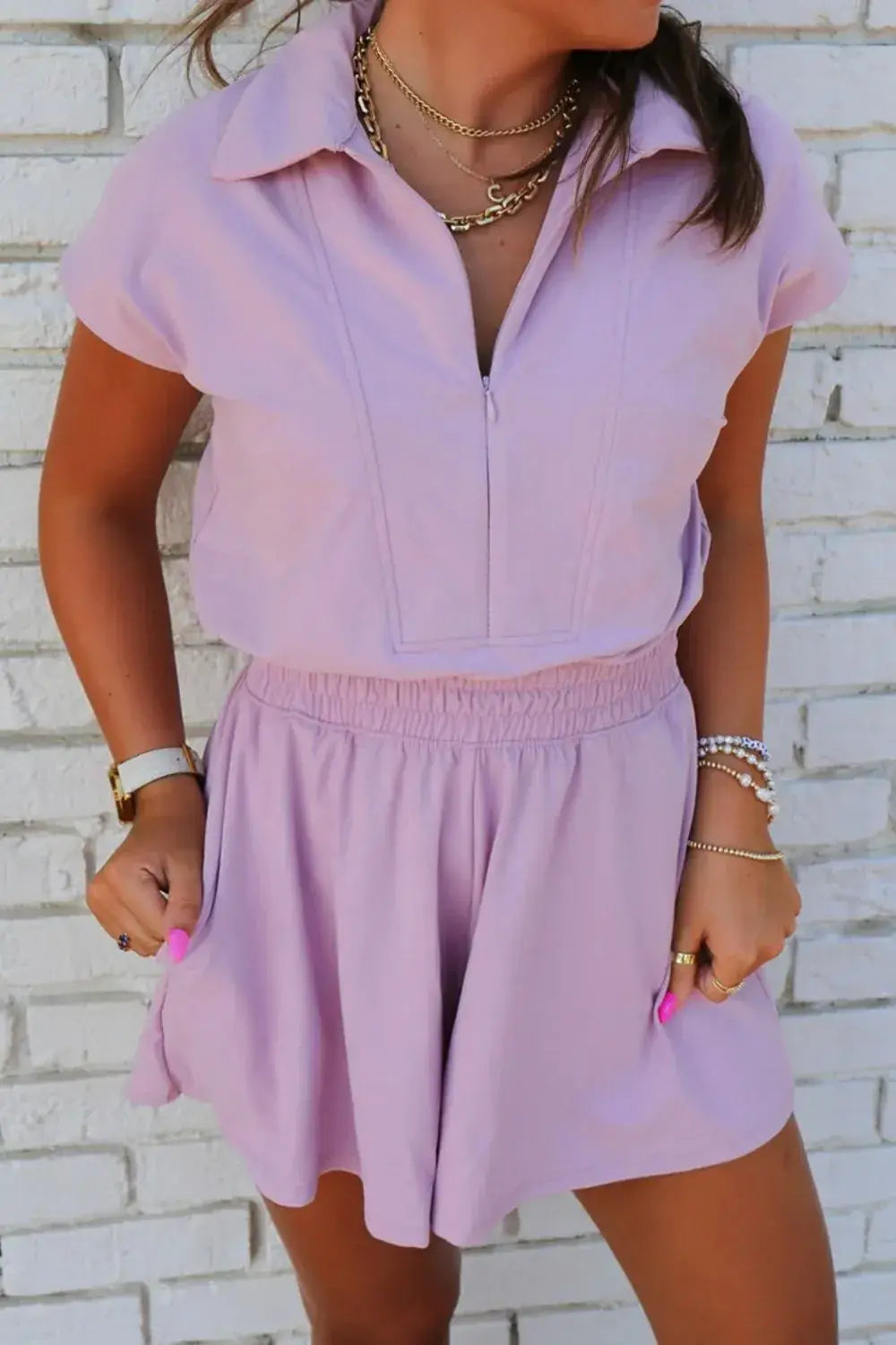 Short Sleeve Zipper Collared Elastic High Waist Romper - Trendsi - Flyclothing LLC
