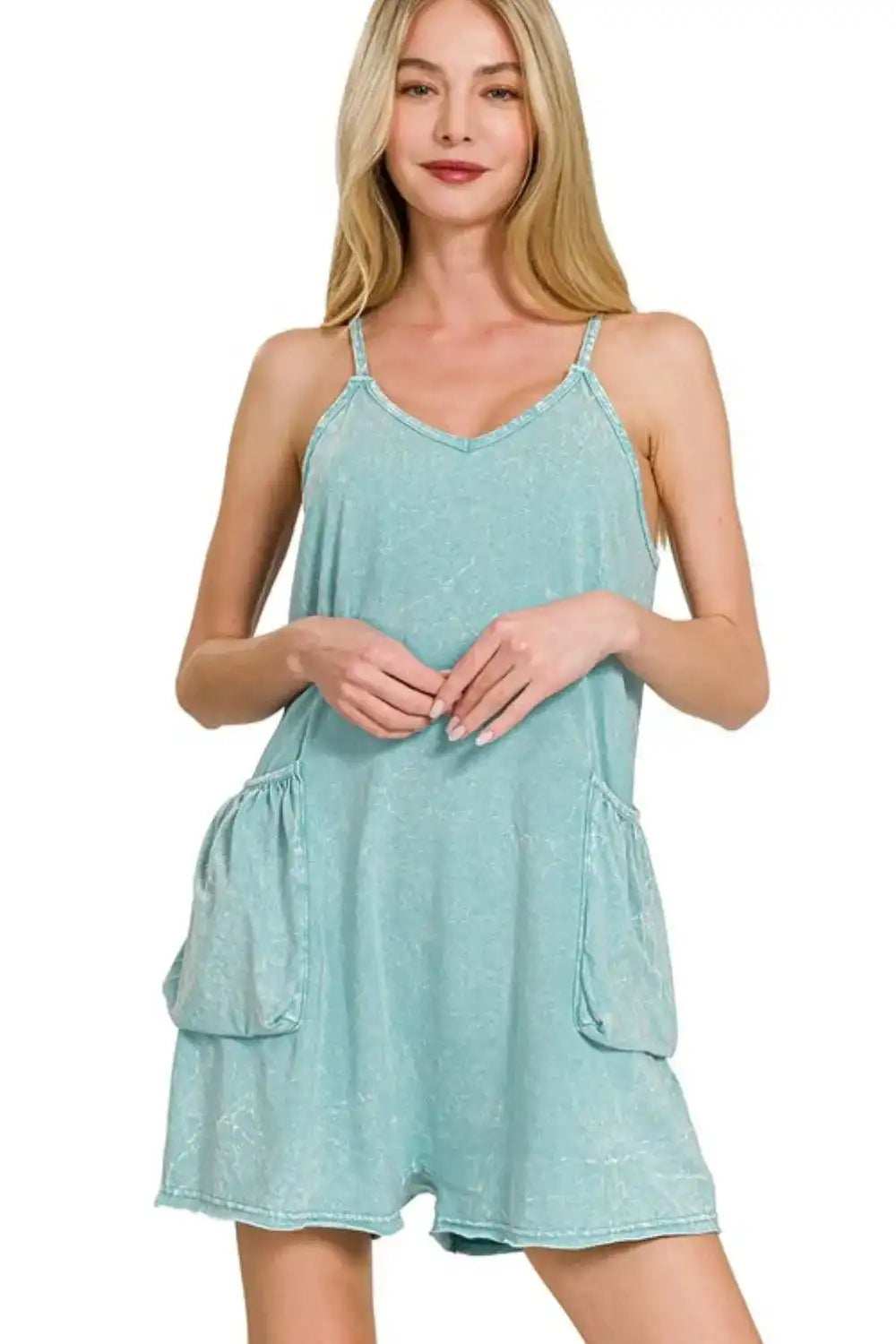 Zenana Acid Crinkle Washed Spaghetti Strap Romper - Trendsi - Flyclothing LLC