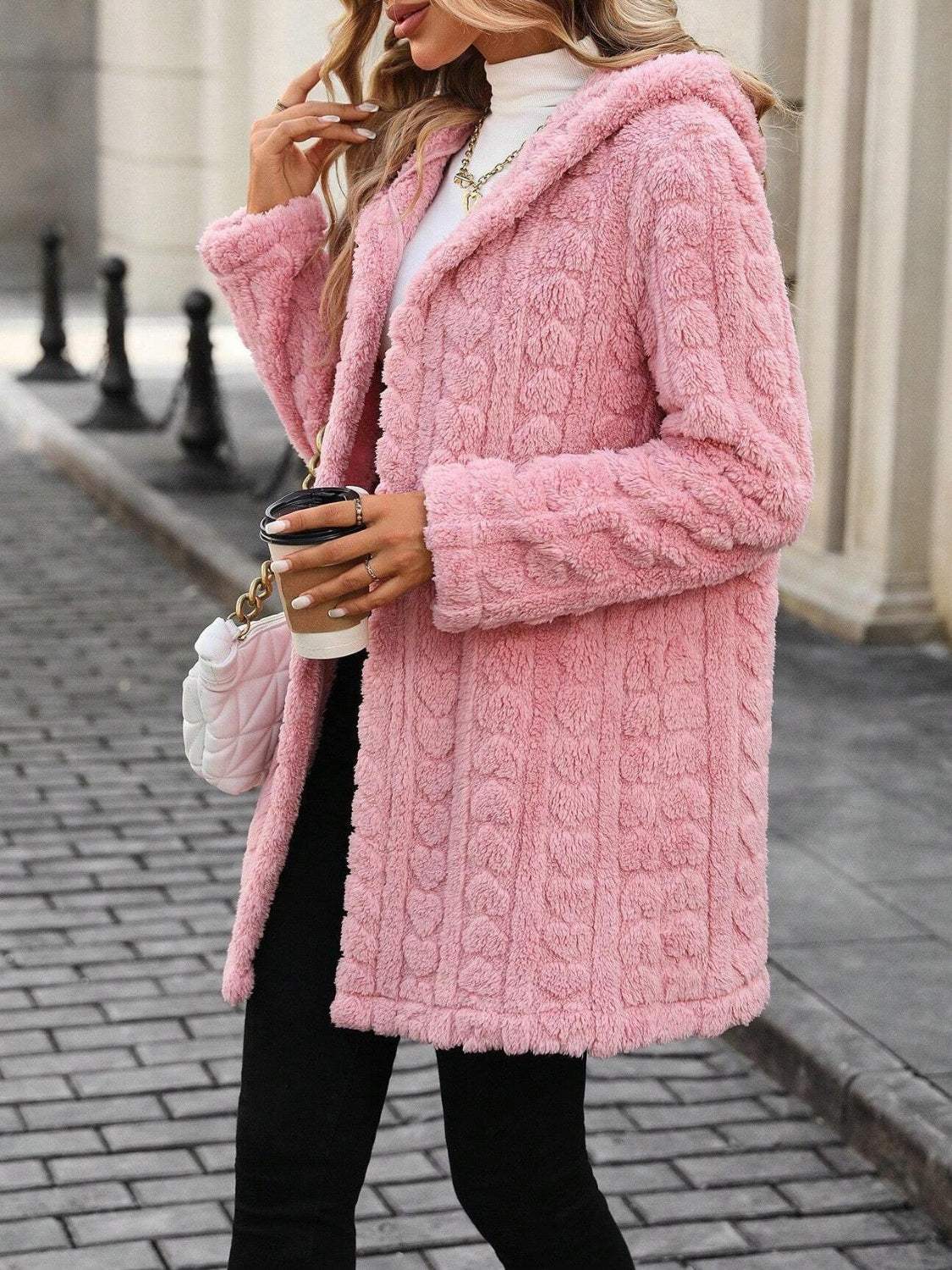 Heart Open Front Hooded Fuzzy Coat - Trendsi - Flyclothing LLC