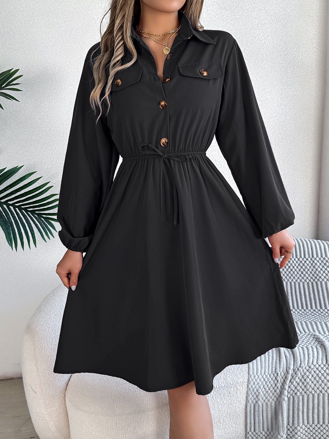 Collared Neck Long Sleeve Dress with Pockets - Trendsi