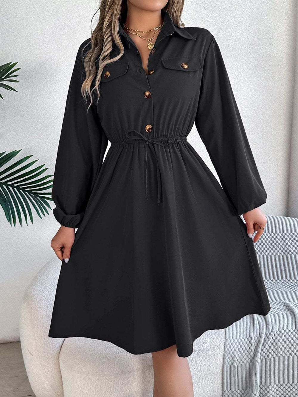 Collared Neck Long Sleeve Dress with Pockets - Trendsi - Flyclothing LLC