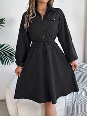 Collared Neck Long Sleeve Dress with Pockets - Trendsi