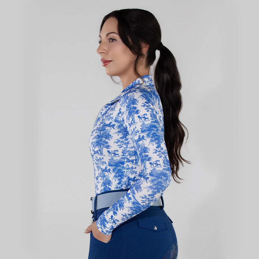 Dapplebay Equestrian Toile 1/4 Zip Light Riding Top - Long Sleeve-Blue/White - Breeches.com - Flyclothing LLC