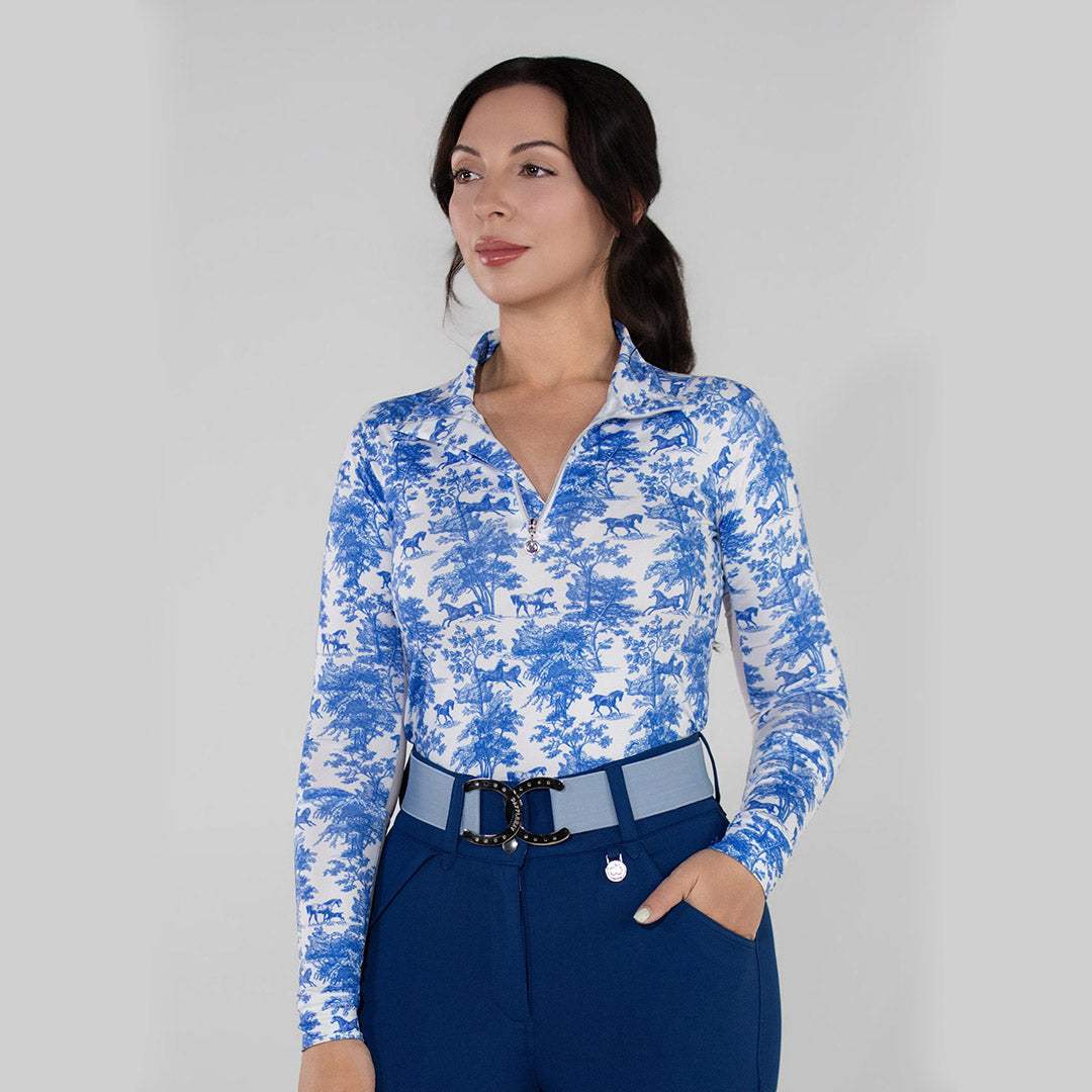 Dapplebay Equestrian Toile 1/4 Zip Light Riding Top - Long Sleeve-Blue/White - Breeches.com - Flyclothing LLC