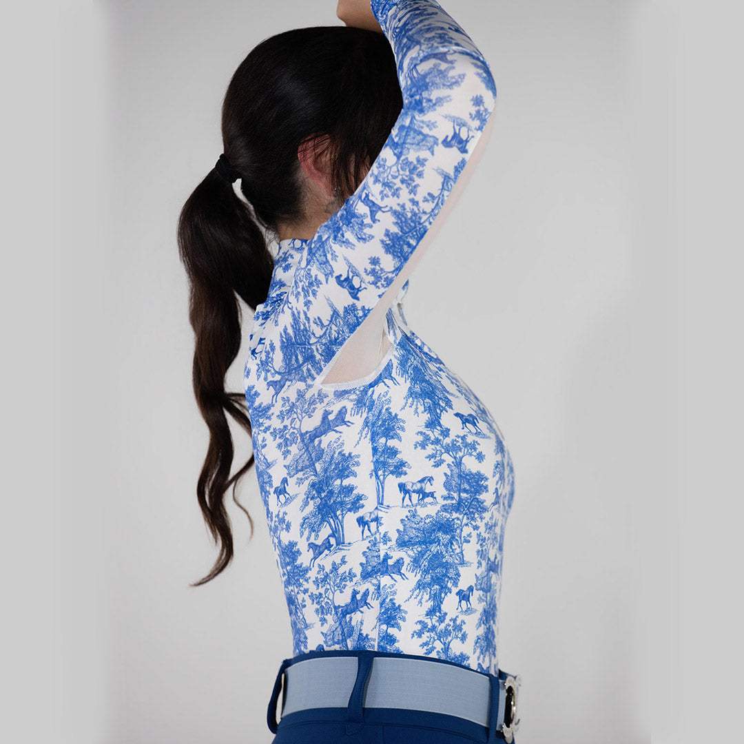 Dapplebay Equestrian Toile 1/4 Zip Light Riding Top - Long Sleeve-Blue/White - Breeches.com - Flyclothing LLC
