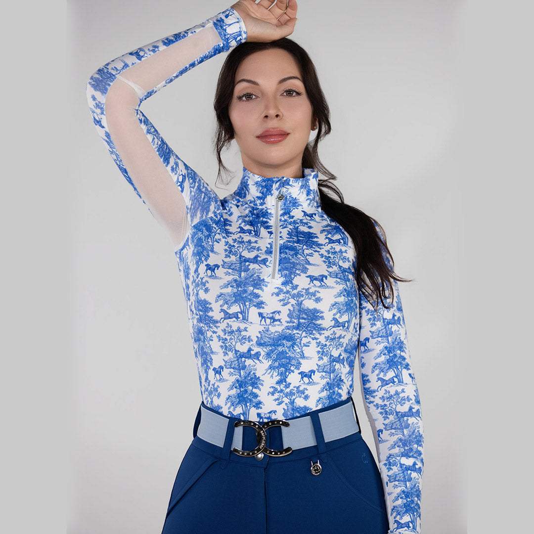 Dapplebay Equestrian Toile 1/4 Zip Light Riding Top - Long Sleeve-Blue/White - Breeches.com - Flyclothing LLC