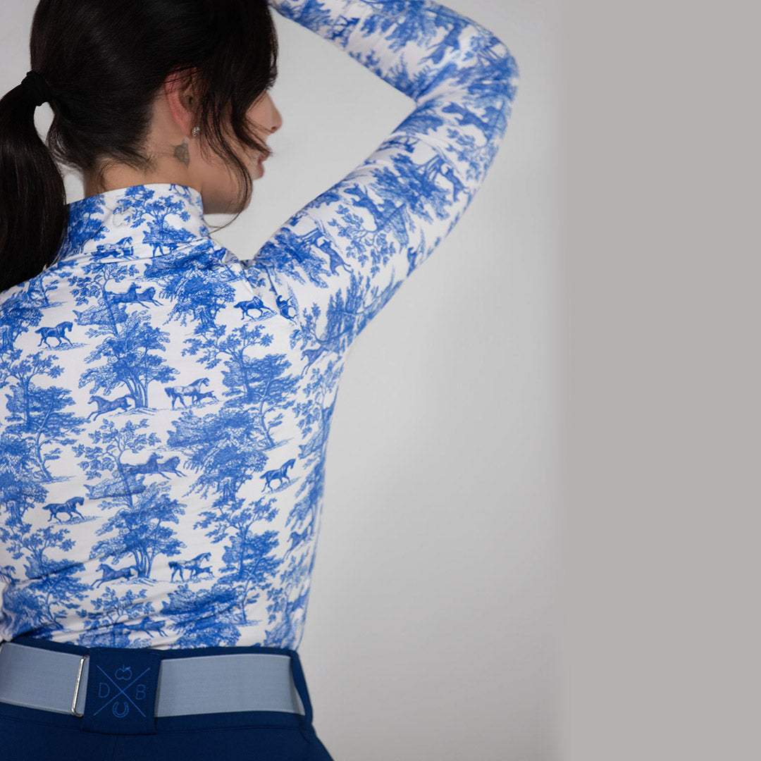 Dapplebay Equestrian Toile 1/4 Zip Light Riding Top - Long Sleeve-Blue/White - Breeches.com - Flyclothing LLC