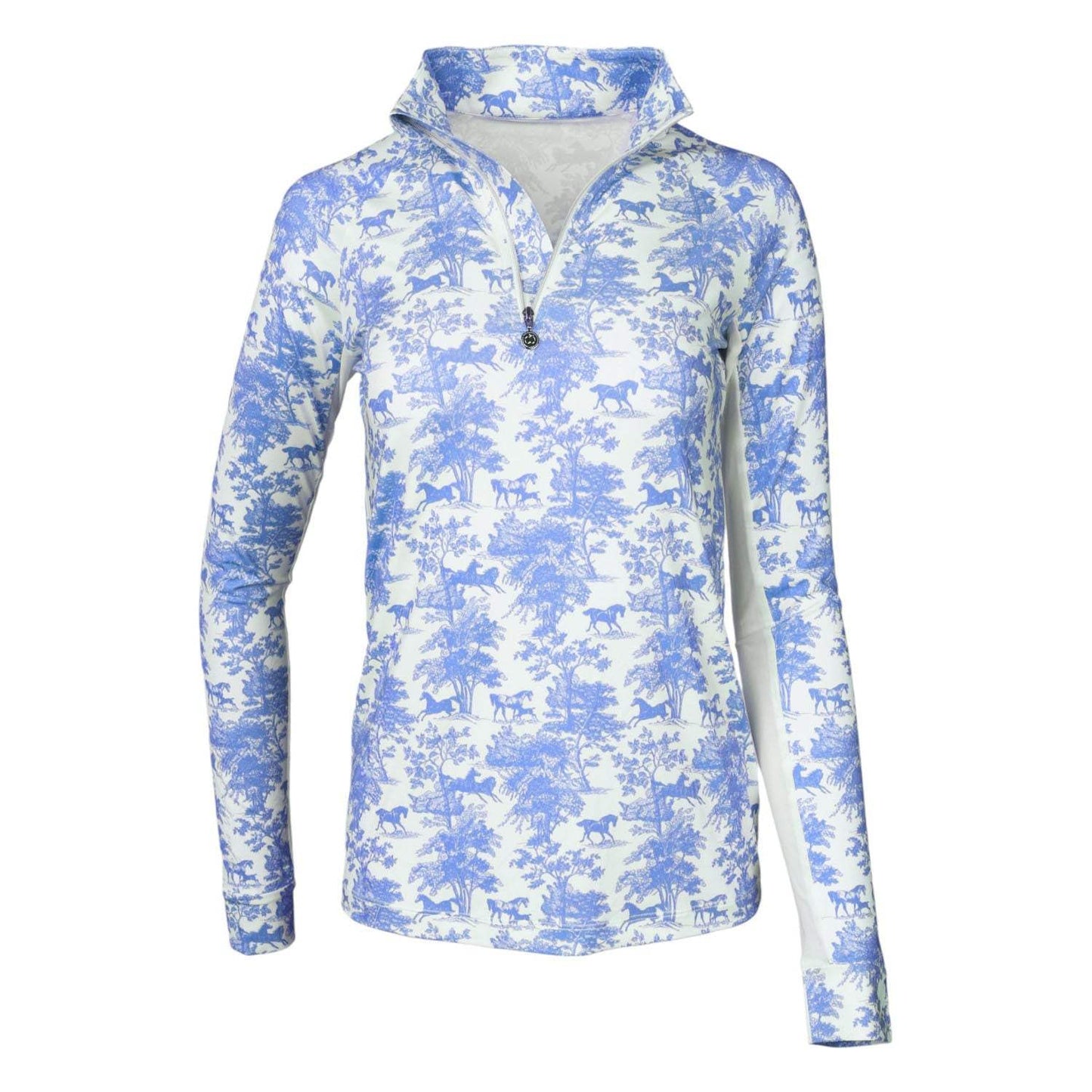 Dapplebay Equestrian Toile 1/4 Zip Light Riding Top - Long Sleeve-Blue/White - Breeches.com - Flyclothing LLC