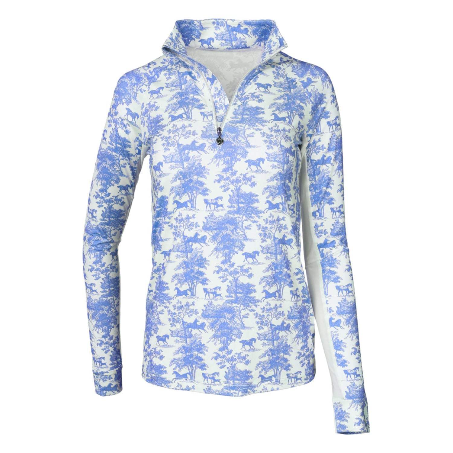 Dapplebay Equestrian Toile 1/4 Zip Light Riding Top - Long Sleeve-Blue/White - Breeches.com - Flyclothing LLC