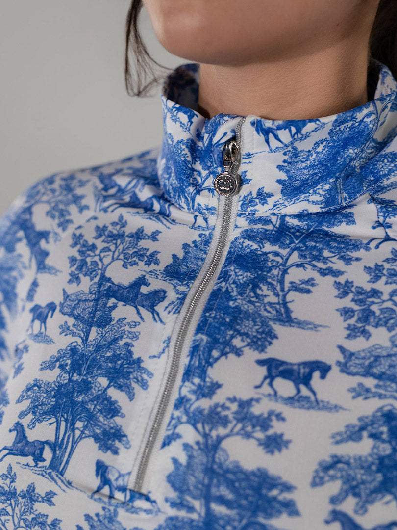 Dapplebay Equestrian Toile 1/4 Zip Light Riding Top - Short Sleeve-Blue/White - Breeches.com - Flyclothing LLC
