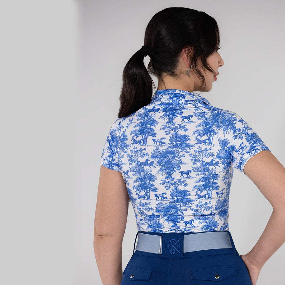 Dapplebay Equestrian Toile 1/4 Zip Light Riding Top - Short Sleeve-Blue/White - Breeches.com - Flyclothing LLC