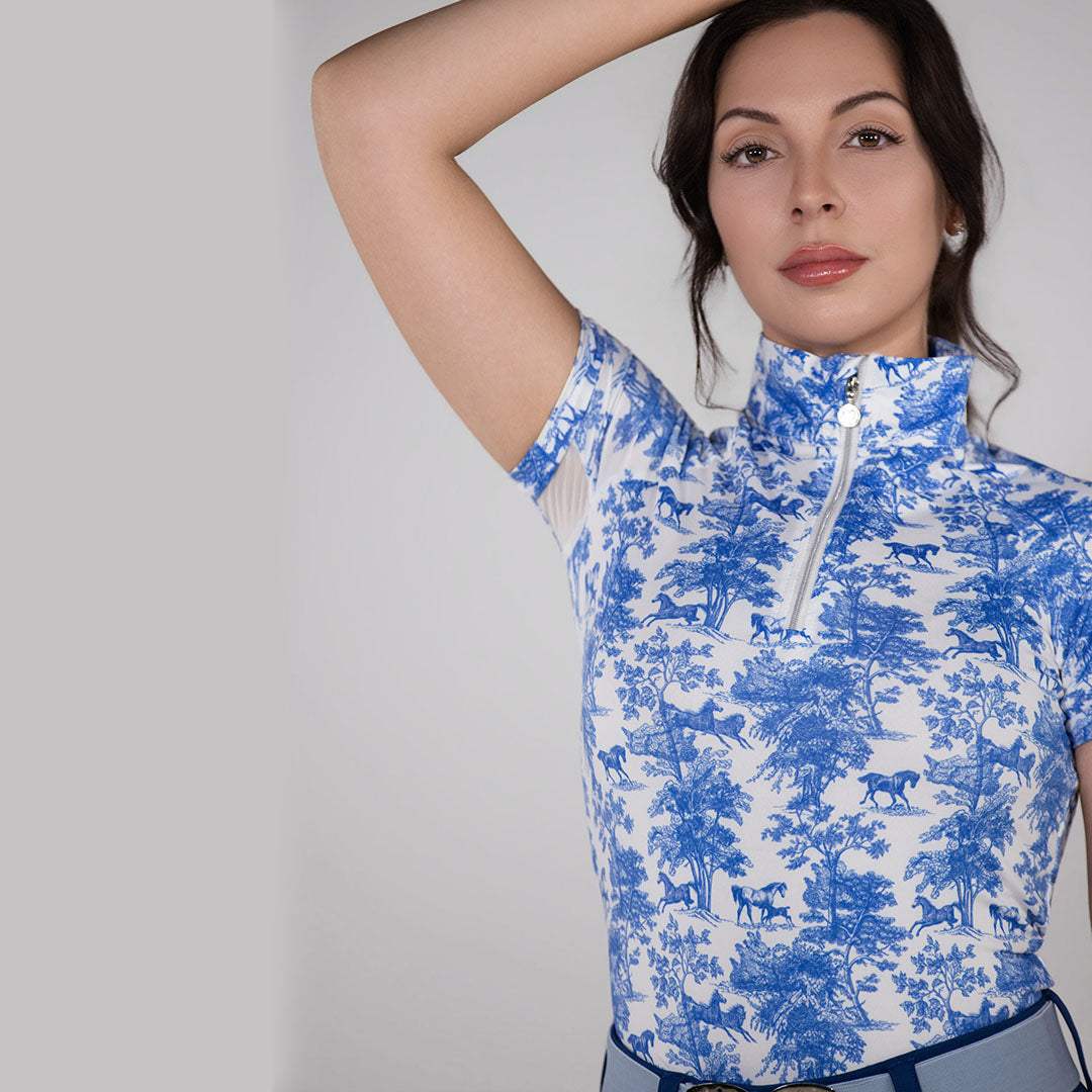 Dapplebay Equestrian Toile 1/4 Zip Light Riding Top - Short Sleeve-Blue/White - Breeches.com - Flyclothing LLC