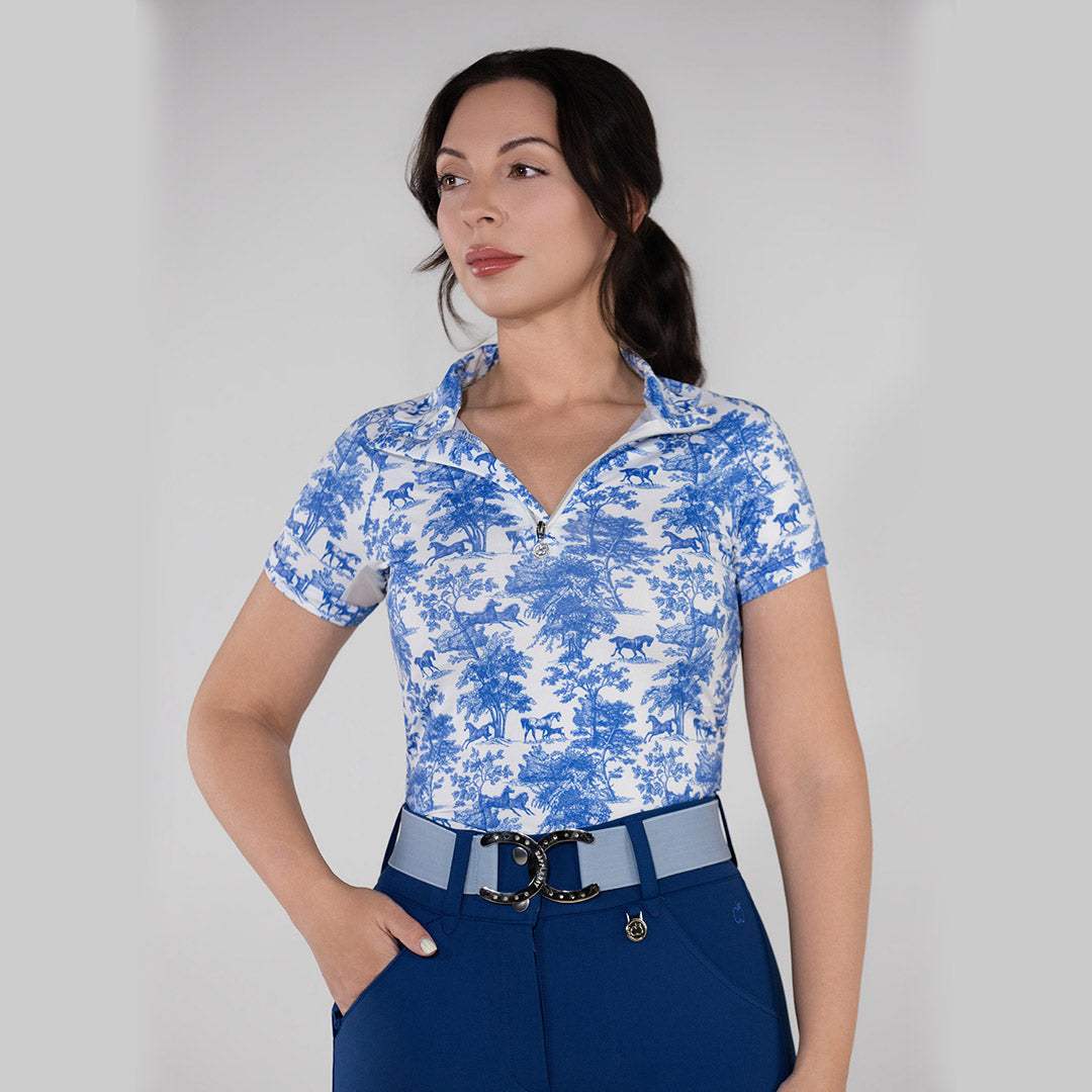 Dapplebay Equestrian Toile 1/4 Zip Light Riding Top - Short Sleeve-Blue/White - Breeches.com - Flyclothing LLC