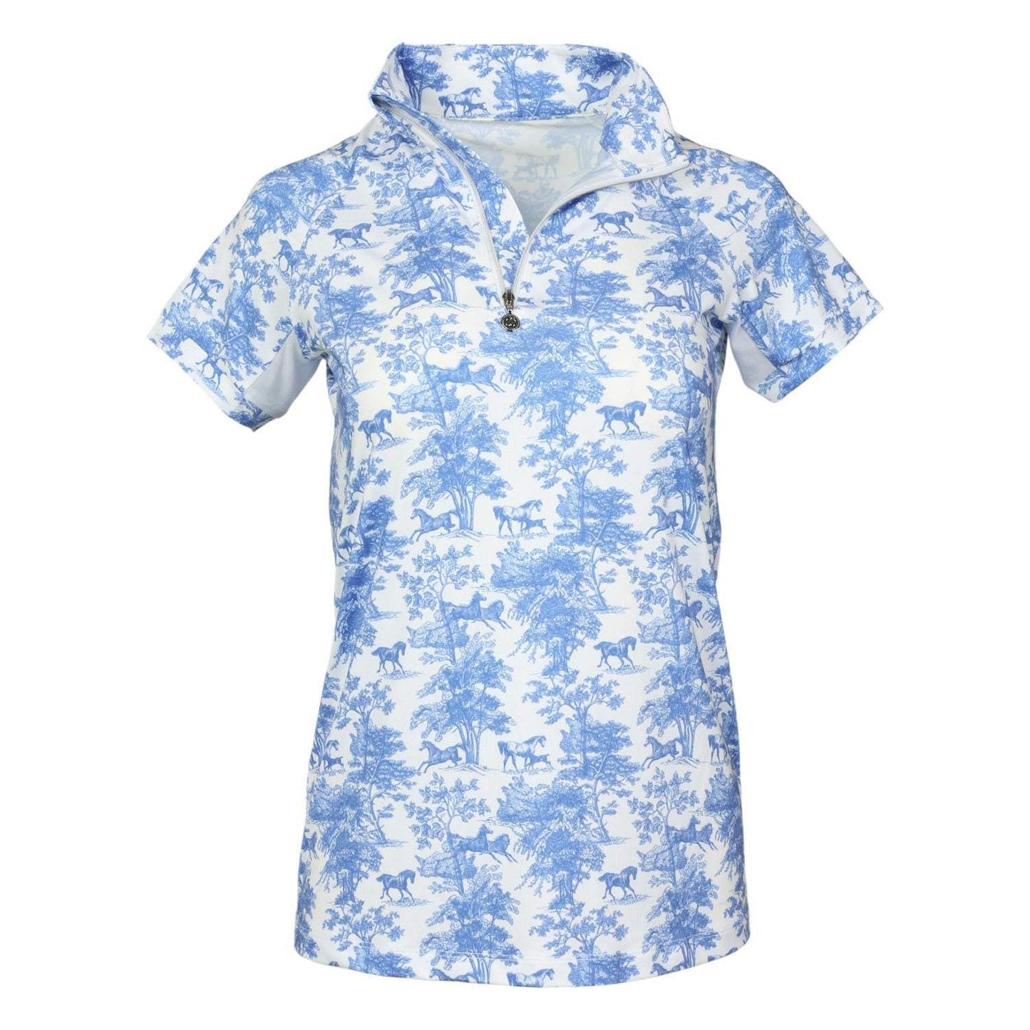 Dapplebay Equestrian Toile 1/4 Zip Light Riding Top - Short Sleeve-Blue/White - Breeches.com - Flyclothing LLC