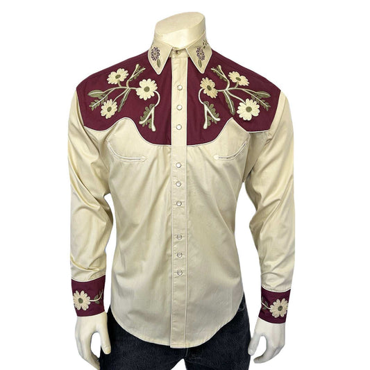 Rockmount Ranch Ware Men's Vintage 2-Tone Floral Embroidered Western Shirt in Tan & Burgundy - Rockmount Clothing - Flyclothing LLC