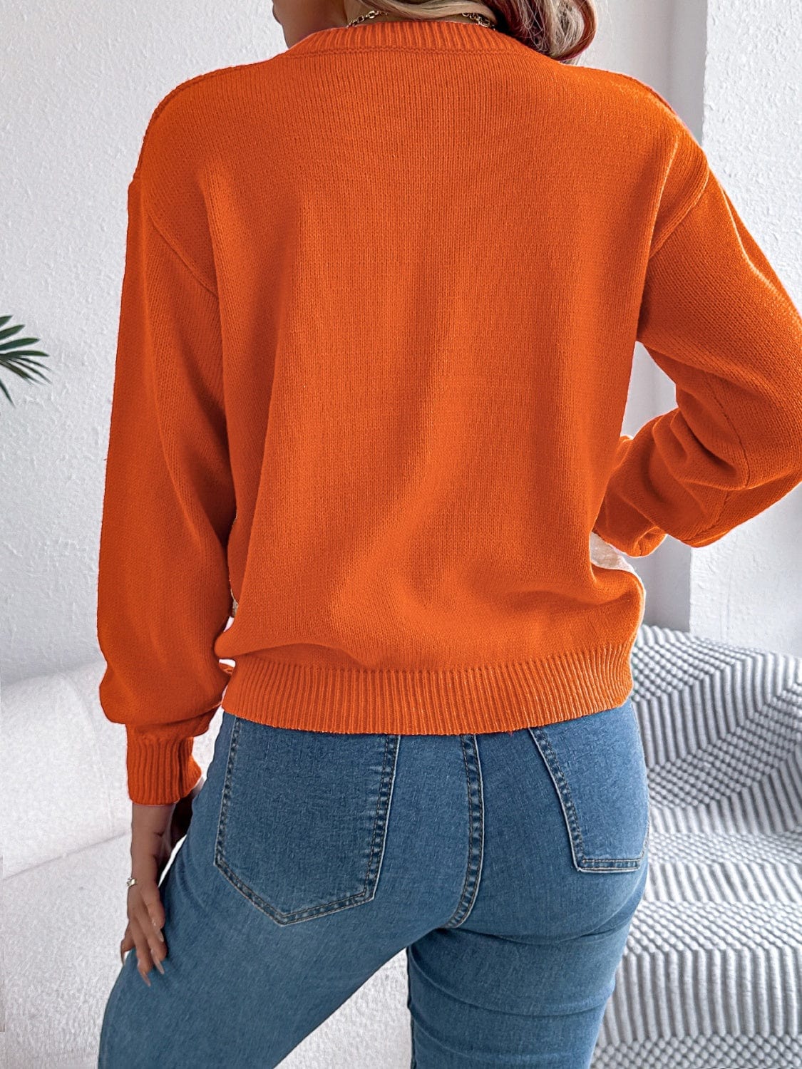 Contrast Round Neck Long Sleeve Sweater - Trendsi