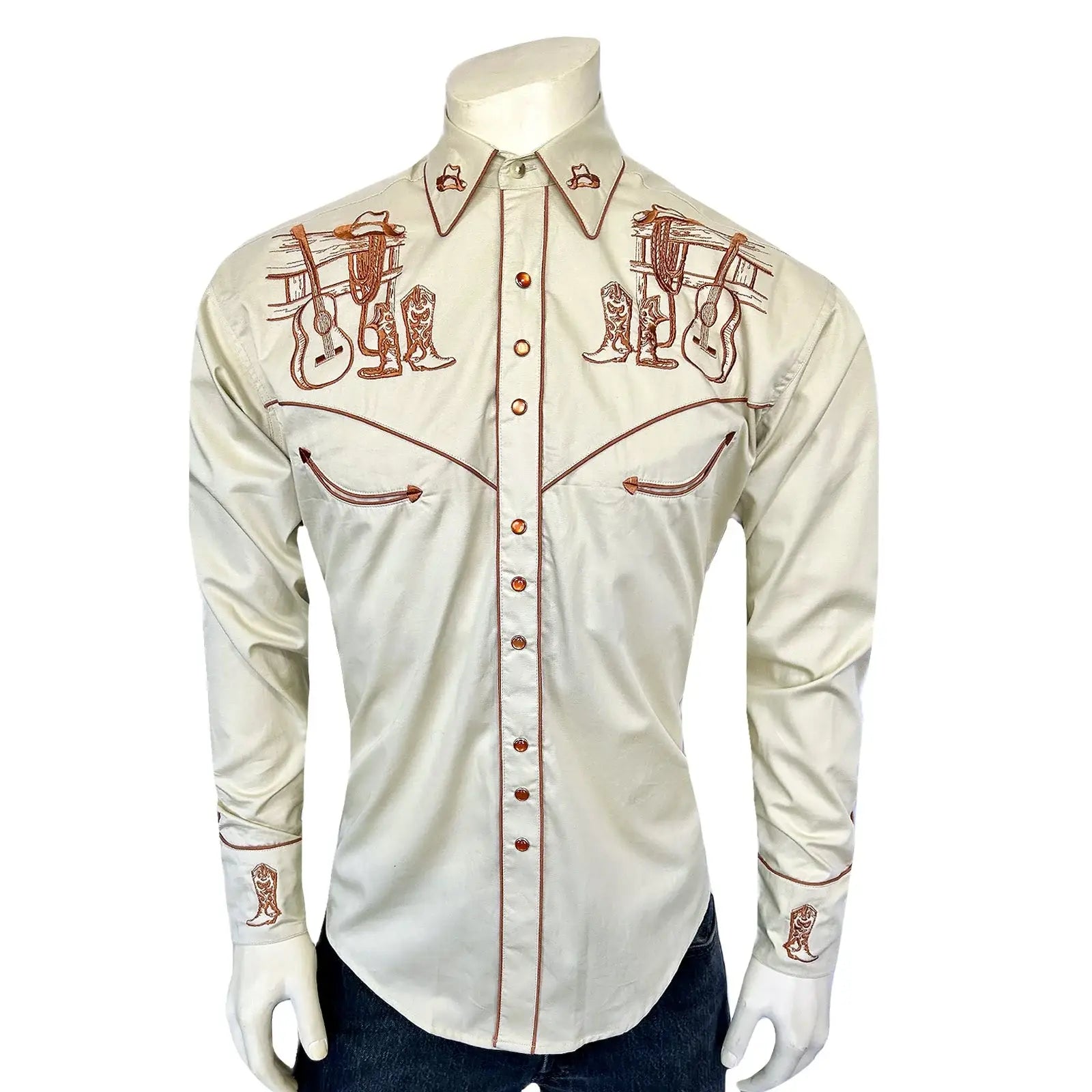 Rockmount Ranch Ware Menâs Khaki Guitar, Boot & Hat Embroidered Western Shirt - Rockmount Clothing - Flyclothing LLC