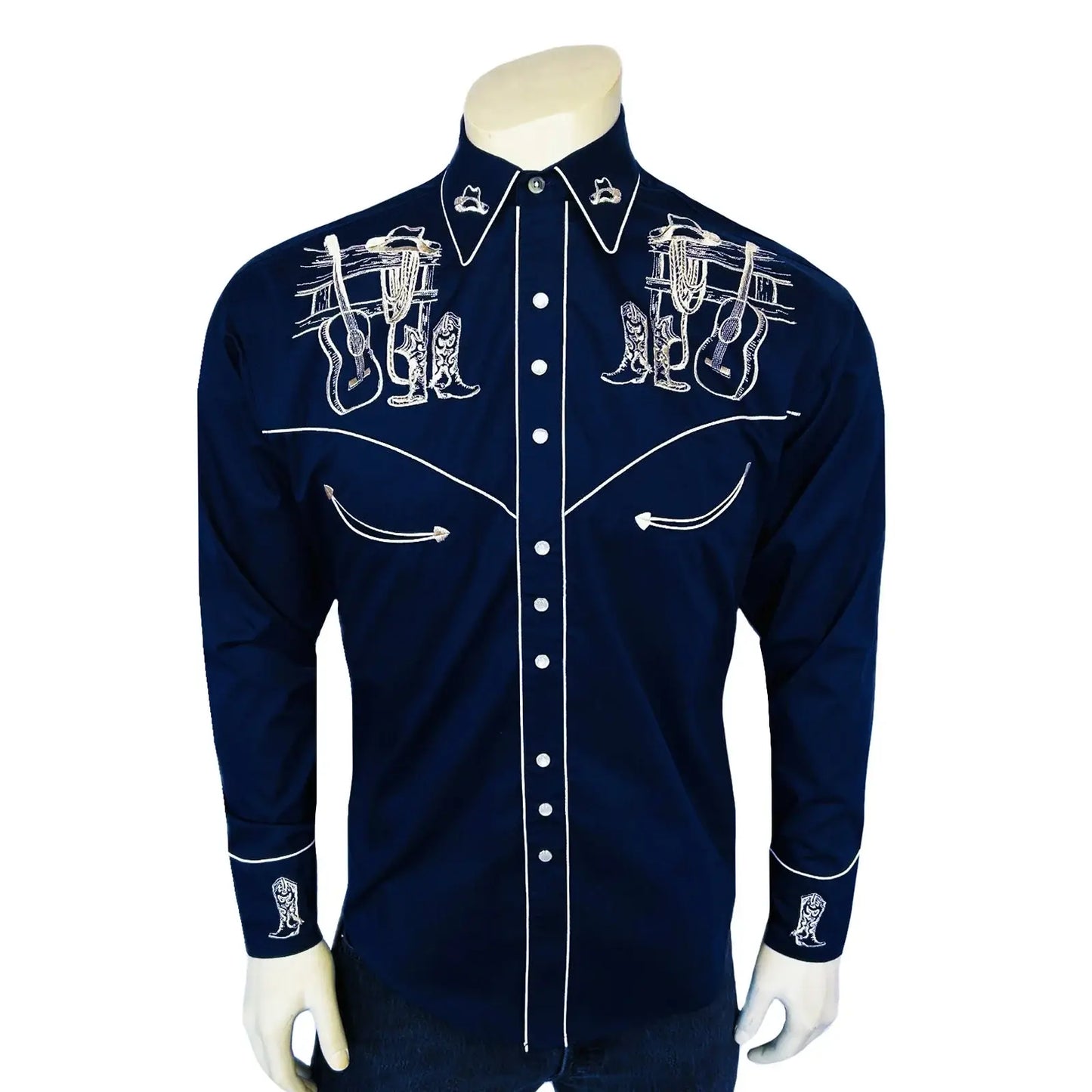 Rockmount Ranch Ware Menâs Navy Guitar, Boot & Hat Embroidered Western Shirt - Rockmount Clothing - Flyclothing LLC