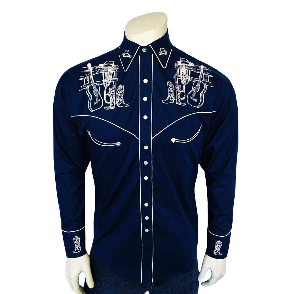 Rockmount Ranch Ware Menâs Navy Guitar, Boot & Hat Embroidered Western Shirt - Rockmount Clothing - Flyclothing LLC