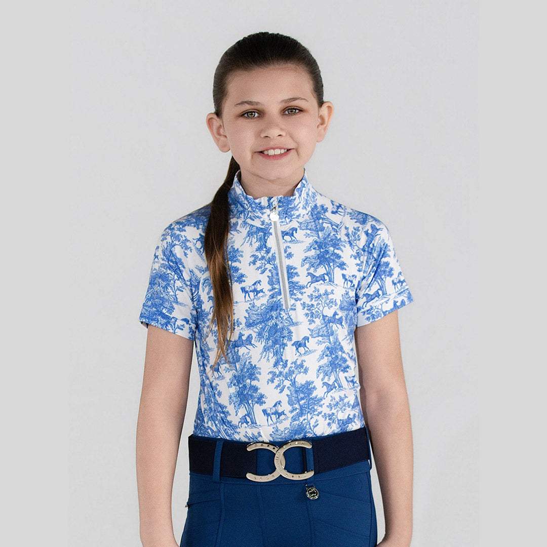 Dapplebay Kids Blue Equestrian Toile 1/4 Zip - Short Sleeve - Breeches.com - Flyclothing LLC